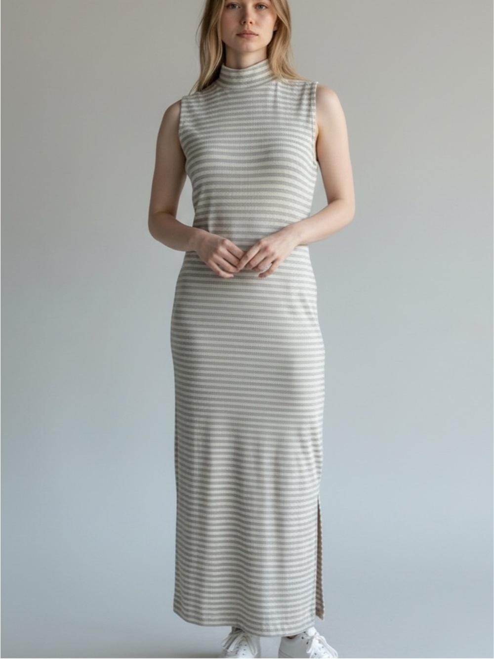 Banana Republic Sleeveless Turtleneck Striped Maxi Dress Light Gray